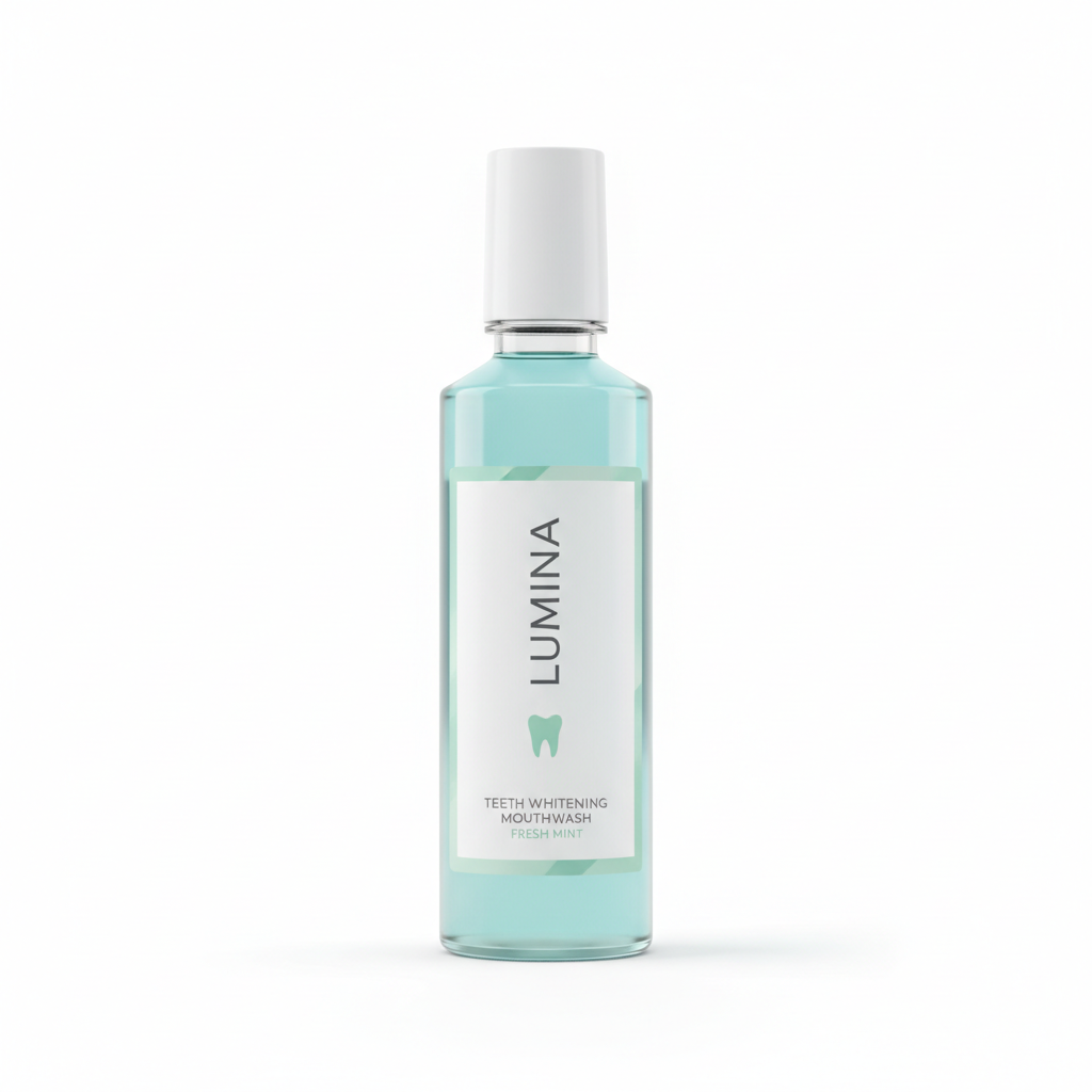 Sleek clear bottle of teeth whitening mouthwash with mint green label on white background