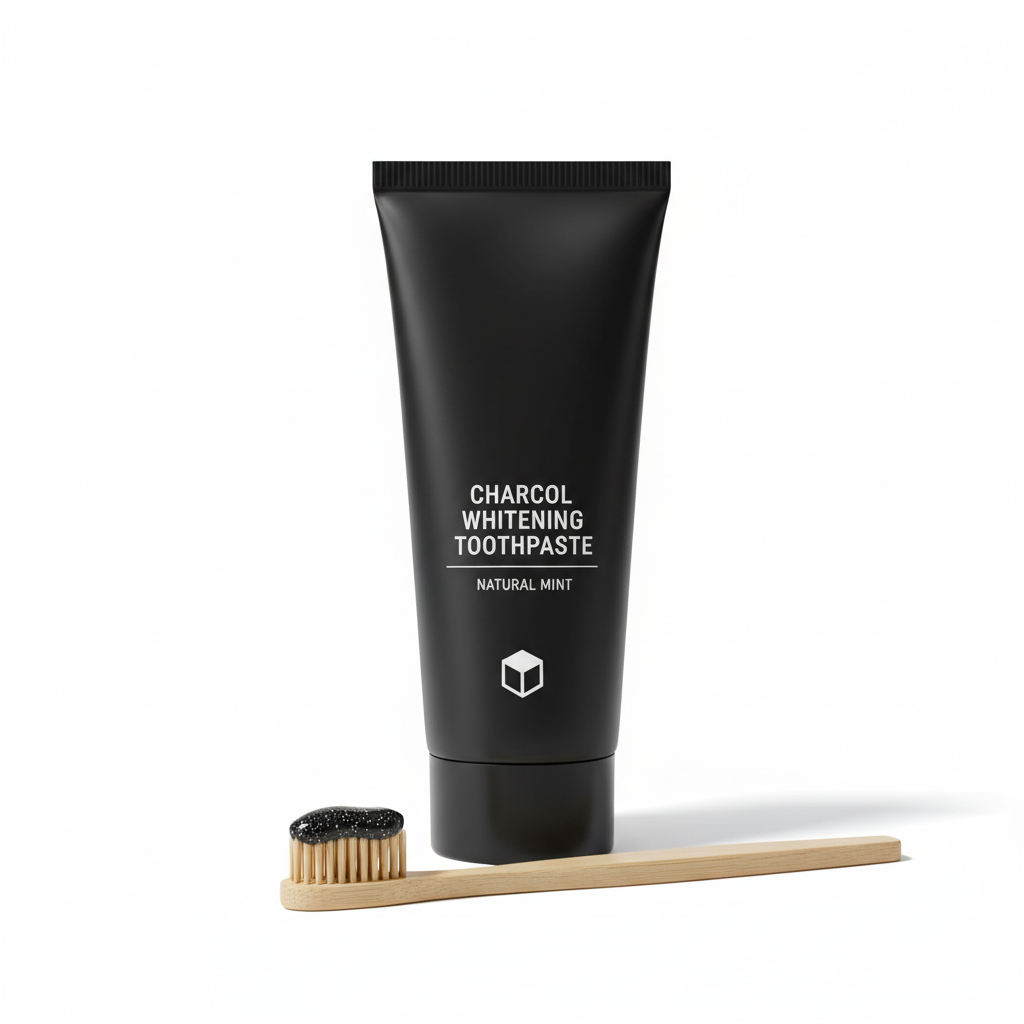 Sleek black charcoal whitening toothpaste tube on white background